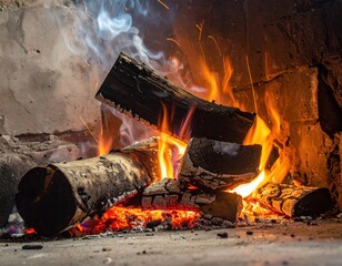 Close-up of burning firewood with flames and smoke inside a stone fireplace