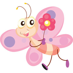 Naklejka premium Cute Pink Butterfly Character Holding a Pink Flower With Purple Dots on Wings Transparent Background Vector Art