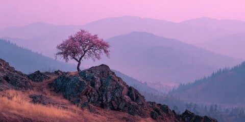 Pink blossom tree on rocky hill at sunrise