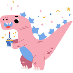 Cute pink dinosaur celebrating birthday with cupcake and confetti on transparent background