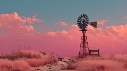 Vintage windmill in pink sunset field