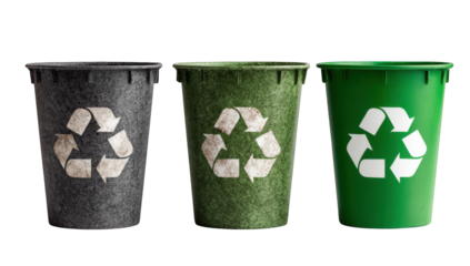 Three recycling bins, gray, green, and green, showing a recycling symbol