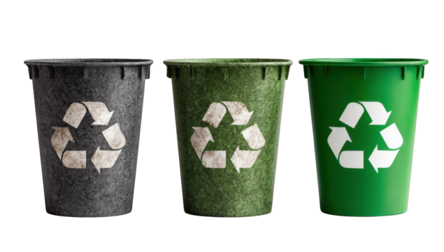 Three recycling bins, gray, green, and green, showing a recycling symbol