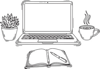 Creative workspace setup featuring open laptop plant coffee cup and notebook with pen drawing style vector