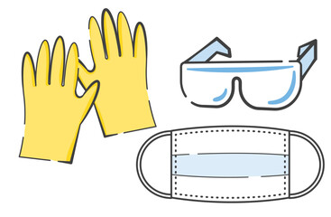 掃除や消毒などの作業で使う　マスク、手袋、目を保護するゴーグル