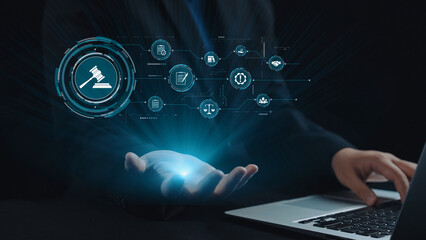 Futuristic digital law interface displaying justice scale, highlighting digital law, AI compliance,...