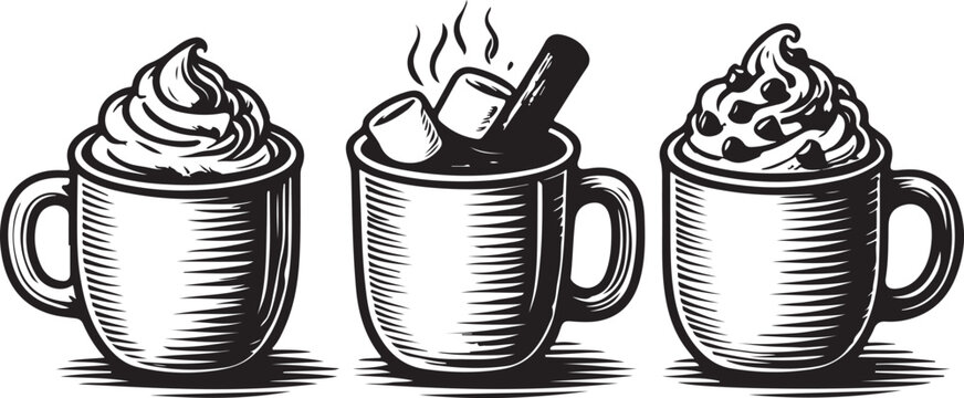 Three detailed etched style mugs of hot chocolate with whipped cream and marshmallows and cinnamon stick vector