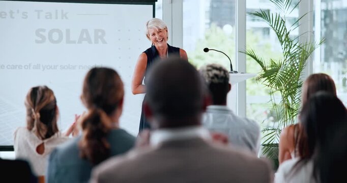 Podium, applause and award with business woman for esr nomination, speaker and sustainability prize. Eco friendly impact, solar energy expo and speech with mature person at conference for achievement