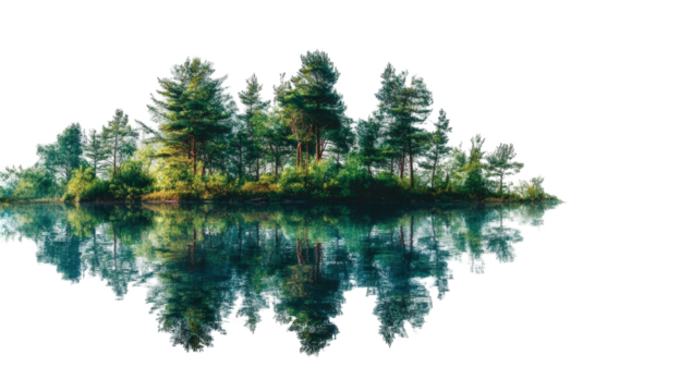 Serene island reflected in a still lake. Lush forest thrives on the isle, mirrored perfectly in the water