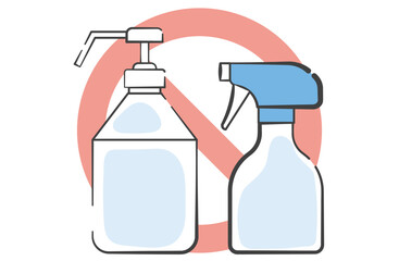 アルコール消毒液とスプレーボトルのイラスト　アルコールが効かない菌の場合に使う禁止マーク付き