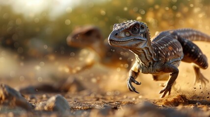 Obraz premium Two Velociraptors engage in an intense interaction, their movements swift and calculated.