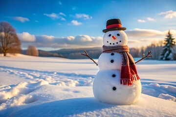 Obraz premium Snowman with a red scarf and a black hat