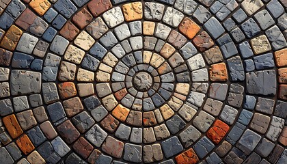 Fototapeta premium Circular pattern of multicolored stones radiating outward from a central point, creating a textured, earthy surface