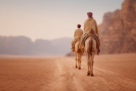 two riders on camels in the desert