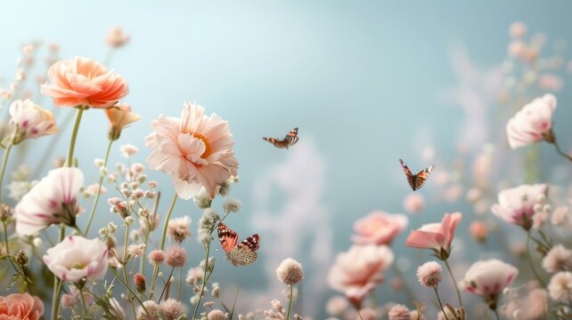 Spring garden with flowers and butterflies against a blue sky background.