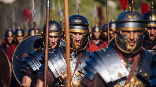Formidable Roman legion close‑up: grim soldiers in segmented armor and crested helmets hold the line, gritty cinematic texture and shallow depth conjure power, discipline and ancient empire authority