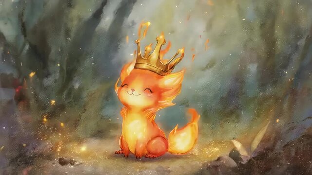 A smiling fiery creature wears a crown amidst glowing particles
