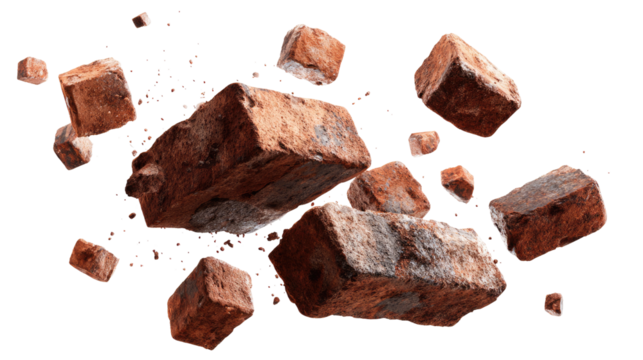 Floating Bricks and Small Pieces of Bricks isolated on transparent background Remove png, Clipping Path, pen tool