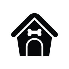 Simple black and white icon of a dog house with bone detail