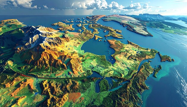 Bird's-eye view reveals rugged terrain with mountains, lush green valleys, and winding waterways meeting the vast ocean