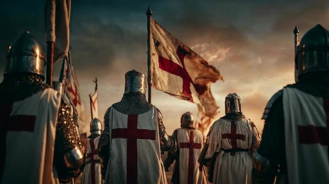 Rear view of templar cohort facing a fiery horizon, tattered standards and smoke trails suggesting destiny and duty, sweeping medieval composition for banner, title or historical documentary opener