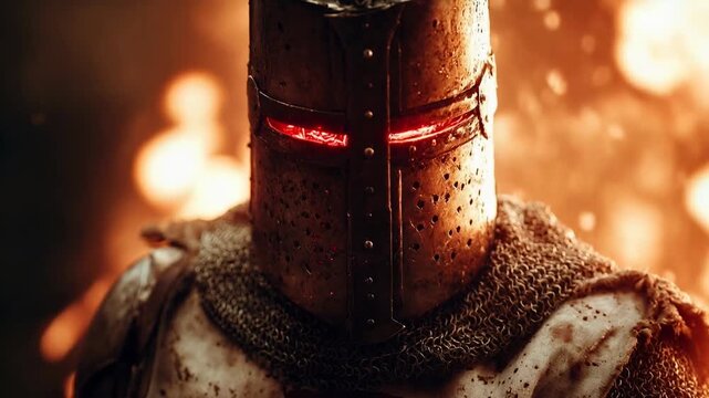 Battle‑scarred knight in burning haze, cross emblem blazing as sparks rain down, high‑impact historical portrait that communicates resilience, myth and unstoppable resolve in the face of chaos