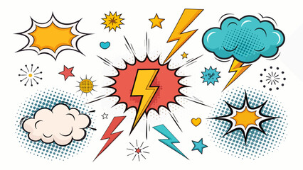 colorful comic action icon set speech bubbles