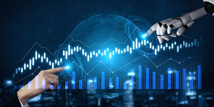 A captivating visual of a human hand reaching out to a robotic hand against a backdrop of data analytics graphs and a digital globe, symbolizing the future of collaboration. Scalp