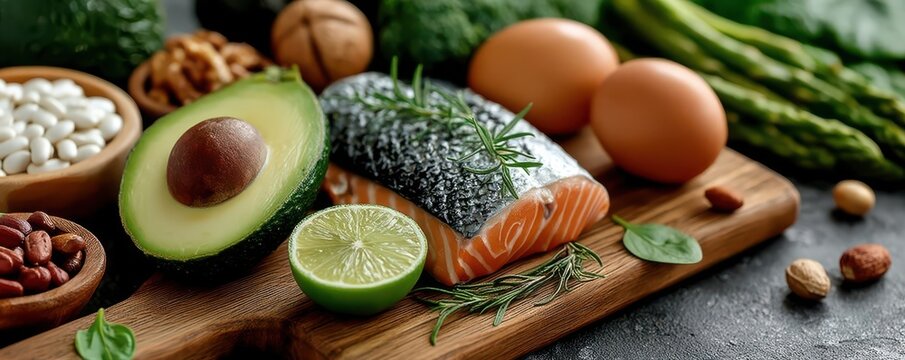 Variety of healthy foods including salmon, avocado, and fresh eggs on a board