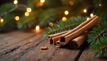 Rustic wooden table with pine branches, cinnamon sticks, and fairy lights.
