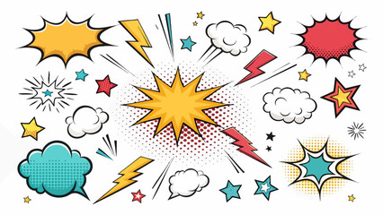 colorful comic action icon set speech bubbles