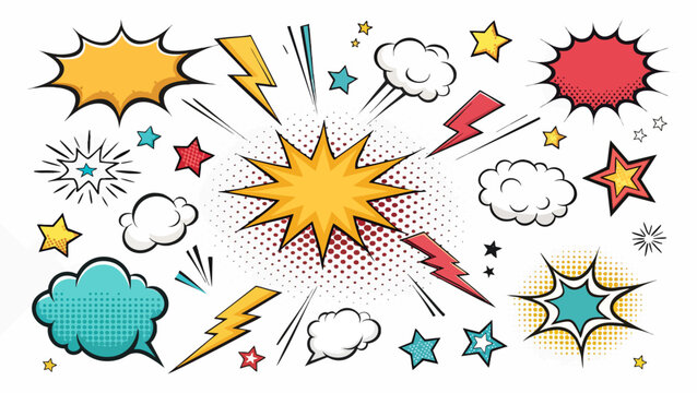 colorful comic action icon set speech bubbles