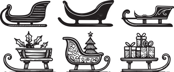 Collection of six antique christmas sleigh designs featuring gifts ornaments and tree icons vector