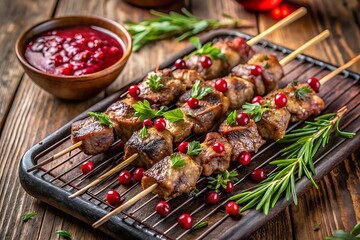 Plate of meat skewers with a bowl of sauce on the table