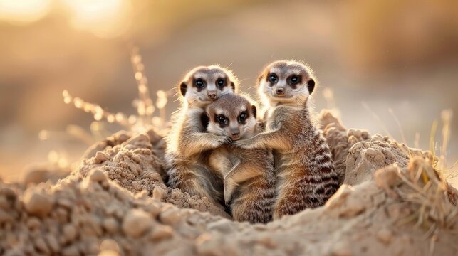 A group of meerkats bask in the sunlight outside their burrow.
