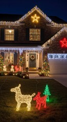 Festive Home Exterior with Christmas Lights and Decorations.