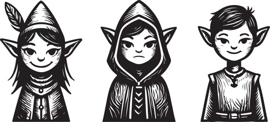 Enchanting trio of young fairies with pointed ears and whimsical attire stylized artistic portrayal vector