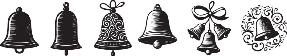 Collection of ornate vintage bells with ribbons and leaves festive holiday decorations vector
