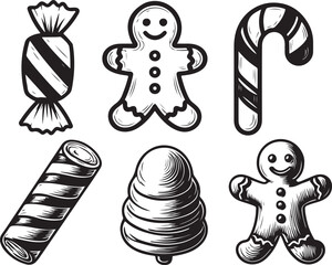 Hand-drawn christmas candies and gingerbread cookies collection festive holiday treats for seasonal designs vector