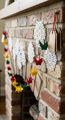 Festive Spring Garland on a Brick Fireplace Mantel.