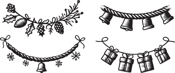 Vintage christmas garlands featuring bells pinecones berries and gift boxes for festive decorations vector