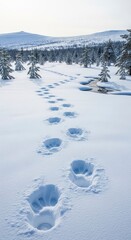 Footprints in the snow lead through a winter landscape.