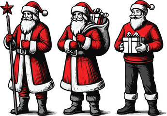 Three distinct santa claus characters posed with gifts and festive holiday spirit for christmas celebrations vector