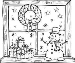 Joyful snowman and festive gifts framed by a window with a holiday wreath and falling snow vector