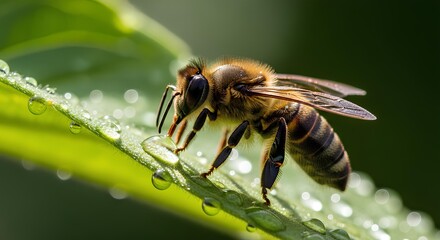 Bee Drinking Water from Leaf
