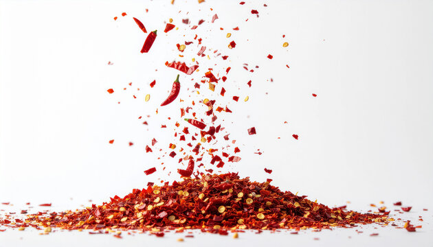 A dynamic shot of dried red chili flakes and whole chilies falling onto a large pile, set against a clean white background. Captures the spice and heat.
