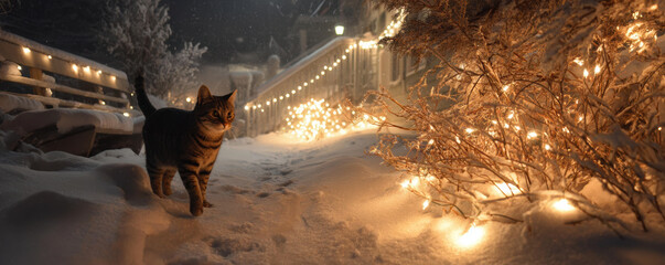 Cat walks through snow near glowing lights creating warm Christmas scene perfect for pet lovers enjoying winter night joy