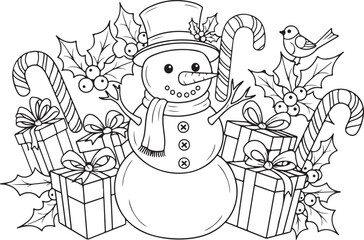 Charming outline snowman festive scene with candy canes holly and gift boxes perfect for holiday crafts vector