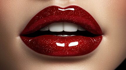Obraz premium Close-up of glamorous lips with glossy red lipstick