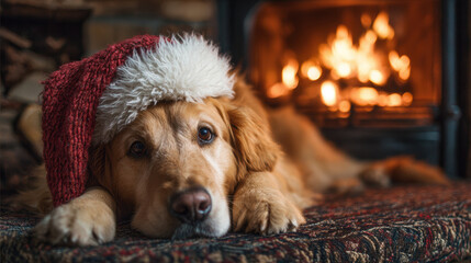 Golden retriever dog wearing red Santa hat lying near warm fireplace cozy Christmas pet lovers holiday scene